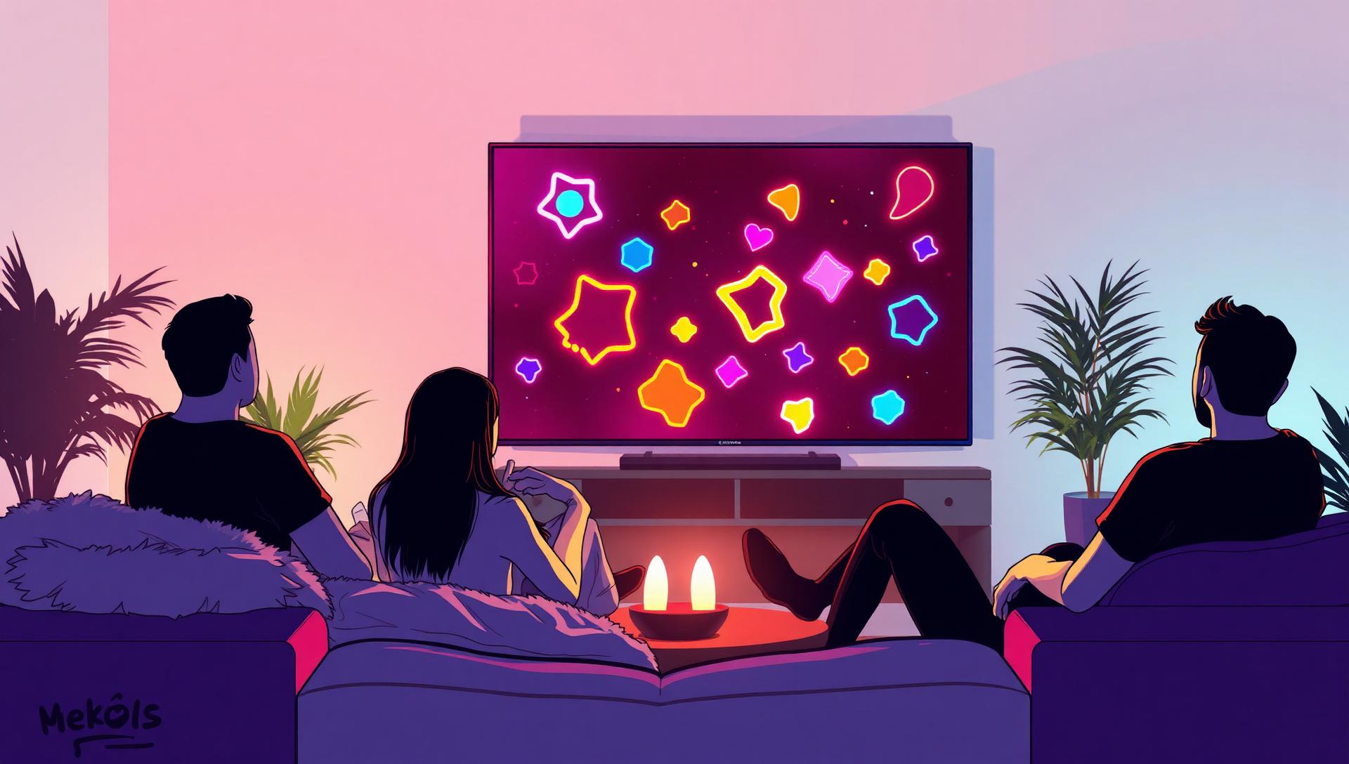 Decorative art — cozy home scene with colorful abstract play on screen